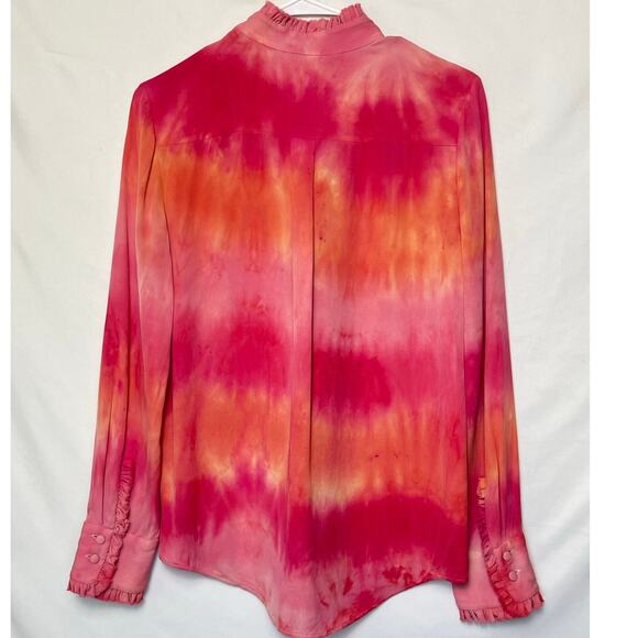 Theory Women’s Small Pink Tie Dye 100% Silk Long Sleeve Henley Blouse Luxury Top - Picture 2 of 6